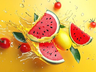 西瓜柠檬汁水飞溅瞬间