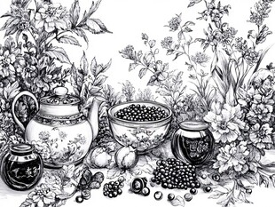 黑白花卉茶具静物图