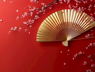 红底金扇伴烂漫樱花