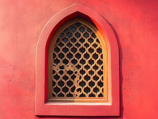 红墙上的中式雕花拱形窗