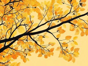 金秋树枝上的斑斓黄叶