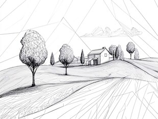 乡村风景线条画