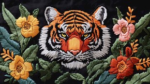 刺绣老虎花卉精美图案