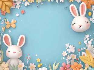 萌兔与花卉的梦幻背景