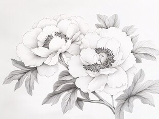 黑白牡丹花卉素描图
