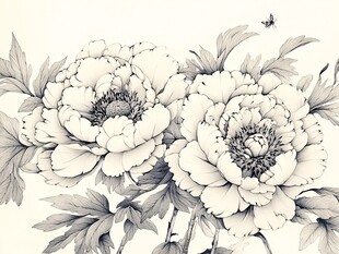 黑白牡丹图 花间有飞虫