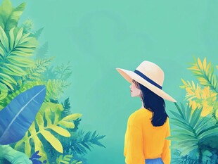 女孩漫步于绿植环绕间