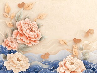 国风牡丹海浪唯美背景图