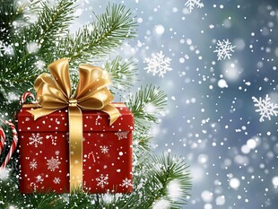 圣诞红礼盒与飘落雪花