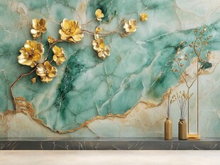 玉色背景墙 金色花卉装饰