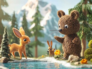 森林中毛绒动物的温馨一幕