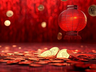 红灯笼下金币洒落场景