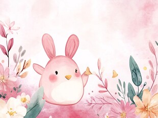 粉色萌兔置身烂漫花丛中