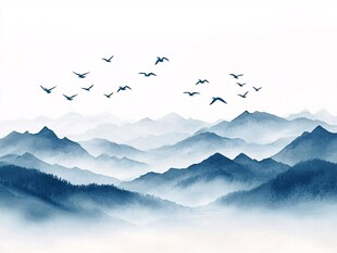 群鸟翱翔于水墨山峦间