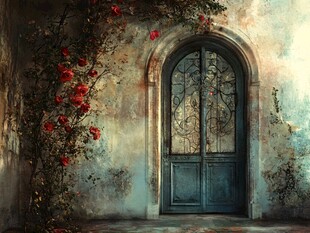 复古拱门旁盛开的红玫瑰