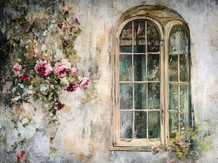 复古窗边绽放的浪漫花卉