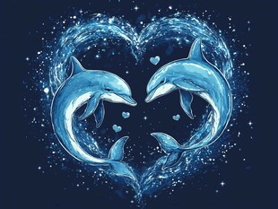 心形海豚浪漫海洋插画