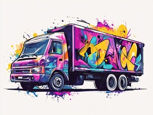 彩色涂鸦货车艺术插画
