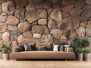 石墙客厅沙发绿植景致