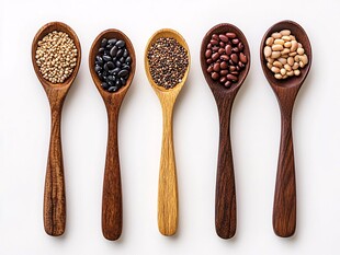 木勺盛装多样豆类谷物