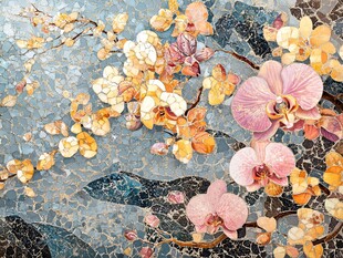 兰花碎瓷拼贴艺术图案