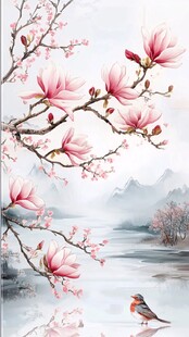 玉兰花枝俏 湖畔鸟相依