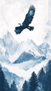 雄鹰翱翔于雪山森林之上