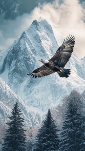 雄鹰翱翔于雪山松林间