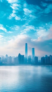 梦幻蓝调城市滨水天际线