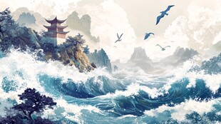 海浪拍岸 古亭飞鸟山水景