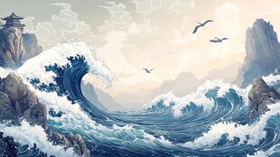 惊涛拍岸山海间飞鸟相伴