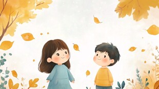 秋日孩童漫步落叶美景间