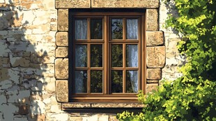 石墙上的复古木质窗户