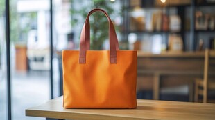 橙色手提包置于木桌之上