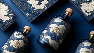 蓝白国风酒瓶与包装设计