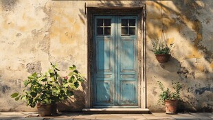 复古蓝门旁的绿植景致