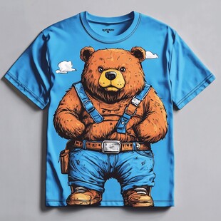 蓝色小熊工装风T恤图案