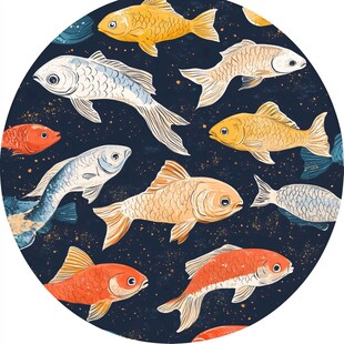 圆形画面中游动的多彩金鱼