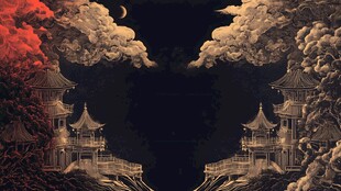 月夜中式楼阁梦幻景观