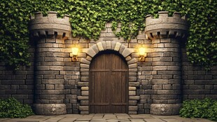 古堡木门 藤蔓缠绕的神秘入口