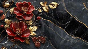 黑金石上的红金花卉装饰