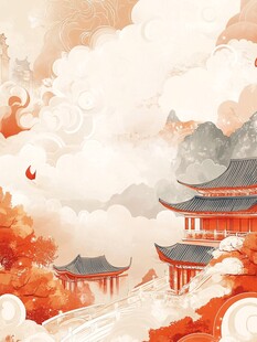 古风山水楼阁秋日美景图