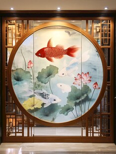 中式圆屏锦鲤荷花图