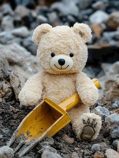 小熊玩偶持铲于碎石之中