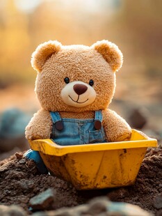 小熊坐黄铲车玩土