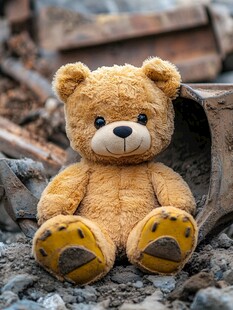 孤独小熊坐于碎石废墟间