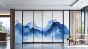 中式水墨山水风客厅移门