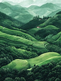 翠绿梯田山间乡村美景