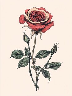 复古风格单枝红玫瑰插画