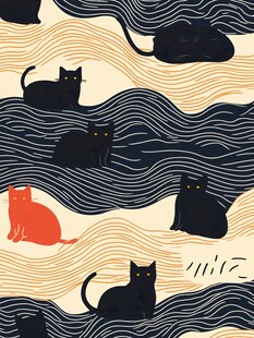 猫咪与波浪的趣味图案
